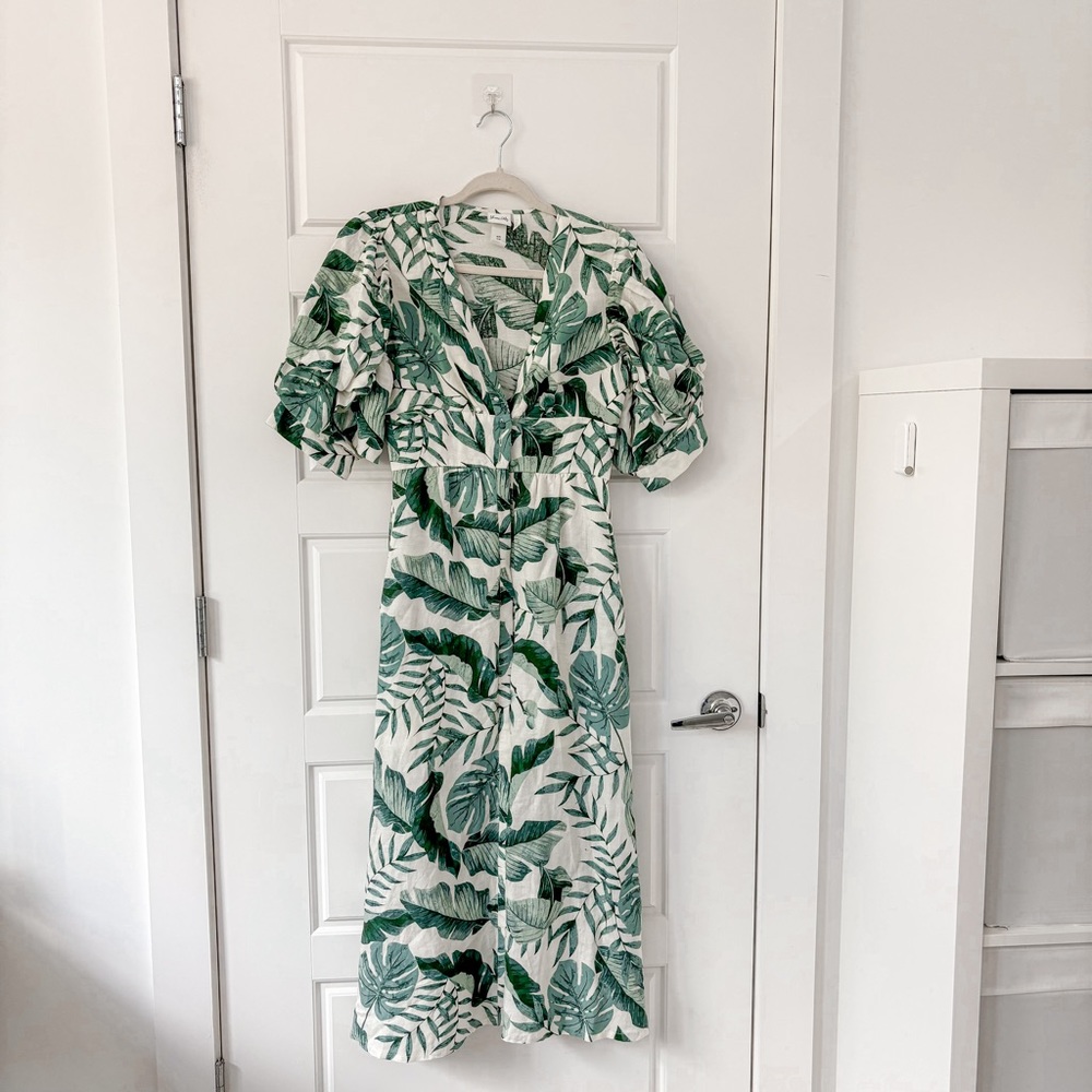 H&M x Johanna Ortiz Green White Linen Leaf Dress - Picture 5 of 9